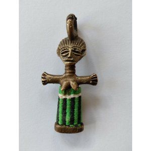 Vintage African Tribal Bronze Pendant with Weaved Thread Skirt 2"